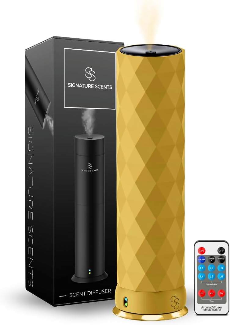 Waterless Essential Oil Hotel Scent Diffuser - Cold Air Diffuser - Covers 1000 sq. ft. - Waterless Diffuser for Home, Office & Hotel (Black + Interchangeable Sleeve) (Black + Gold Sleeve)