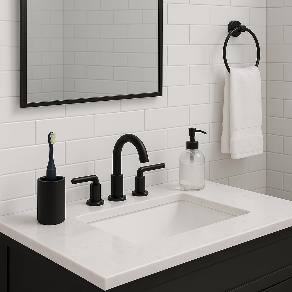 Matte Black Resin Bathroom Tumbler Cup - Matte Black Toothbrush Holder, 4x2.75 Inch, 12oz Capacity, Minimalist Vanity Countertop Organizer (Black)