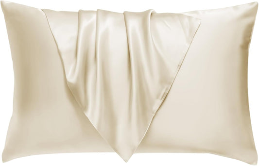 BHZ Satin Goose Down Feather Pillows Queen Size with Beige Satin Pillowcase for Hair and Skin, Cooling Pillow Cases Similar to Silk Pillow Cases, Decorative for Women, Mom Men
