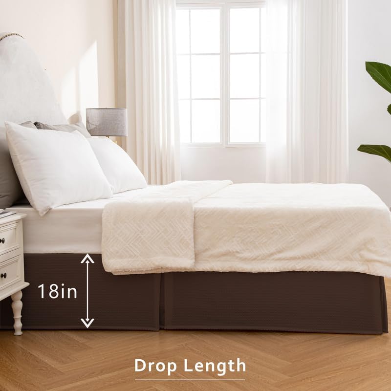 MIYE Pleated Waffle Weave Bed Skirt, Tailored Dust Ruffle 18 Inch Drop Easy Fit, Machine Washable (Brown, King - 18" Drop)