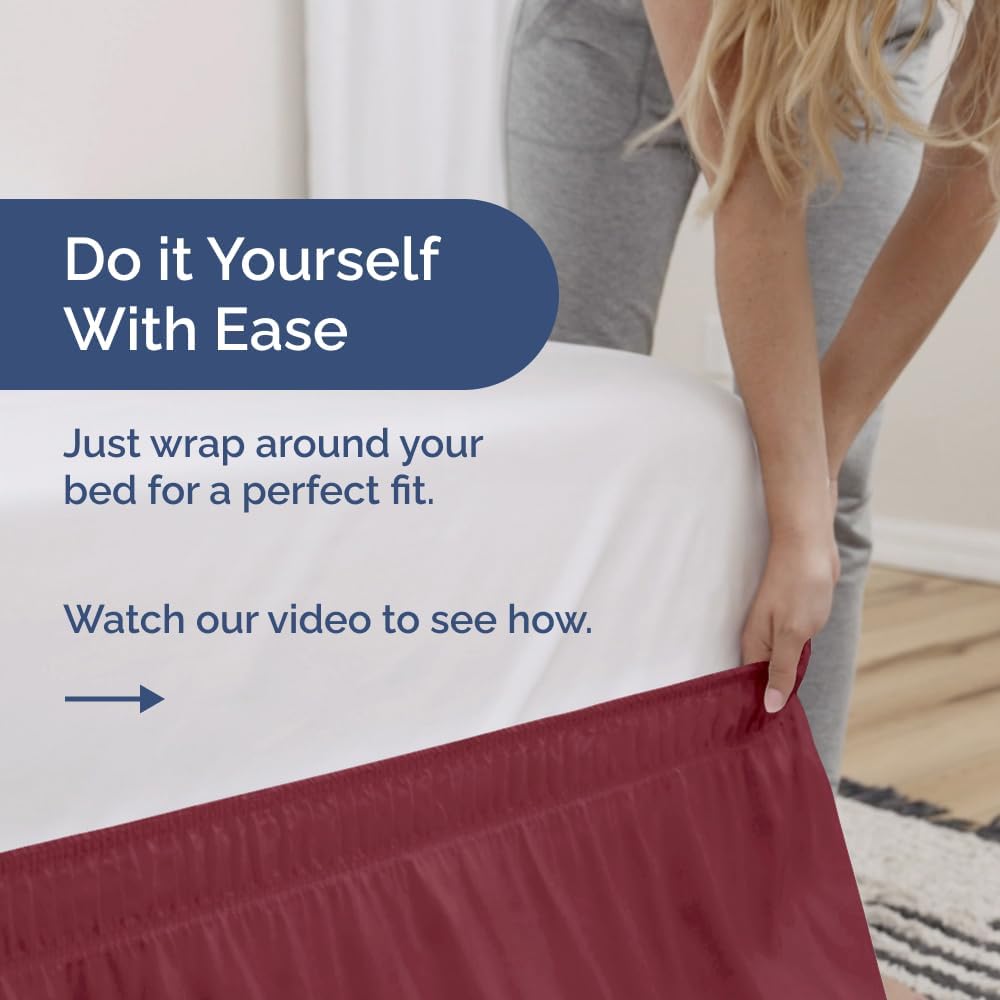 Wrap Around Dust Ruffle Bed Skirt - Burgundy - for King Size Beds with 15 Inch Drop - Easy Fit Elastic Strap - Adjustable Pleated Bedskirt w/Brushed Fabric Wrinkle Free - for Women, Men, Kids & Teens