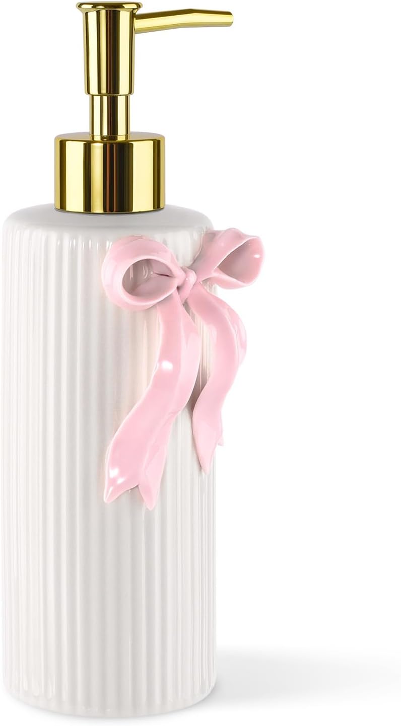 Handmade Ceramic Bow Soap Pump Dispenser Hand Lotion Liquid Dispenser Refillable for Kitchen and Bathroom Decorative (Ribbon Pink)