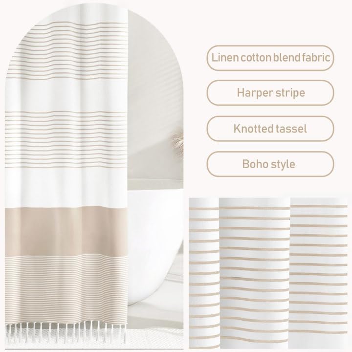 Awellife Boho Beige Shower Curtain for Bathroom Cotton Stripe Tassel Shower Curtain 72 X 72 Inches Natural Texture