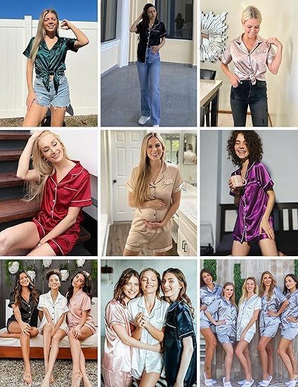 Ekouaer Silk Pajamas for Women Short Sleeve Sleepwear Soft Button Down Loungewear 2 Piece Satin Pjs Shorts Set