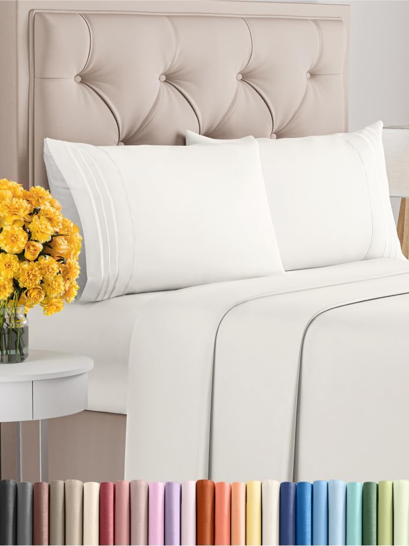 Cal King Size 4 Piece Sheet Set - Extra Soft, Breathable & Cooling Sheets - Hotel Luxury Bed Sheets for Women & Men - Deep Pockets, Easy-Fit & Wrinkle-Free Sheets - Antique White Oeko-Tex Bed Sheets