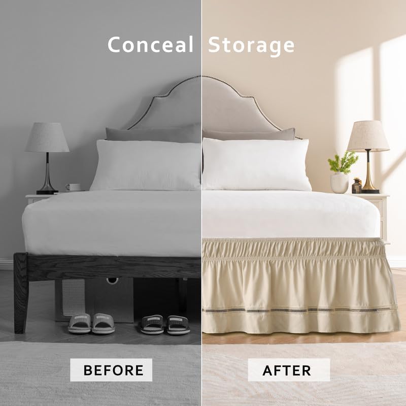 MIYE Wrap Around Ruffled Lace Bed Skirt, Elastic Dust Ruffle with Adjustable Belts, Easy to Put On, Bed Frame Cover, Machine Washable (Ruffled Lace/Beige, King/Queen-15 Drop)