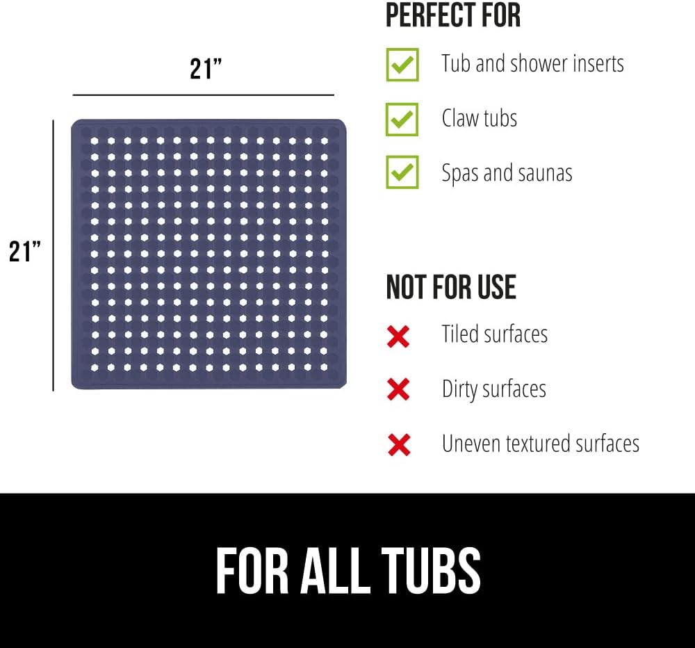 GORILLA GRIP Patented Square Shower Stall Mat, Small Bathtub Floor Mats for Stand Up Showers, Suction Cups and Drainage Holes, Machine Wash, Soft on Feet, Bathroom Accessories 21x21 Inch, Navy Opaque