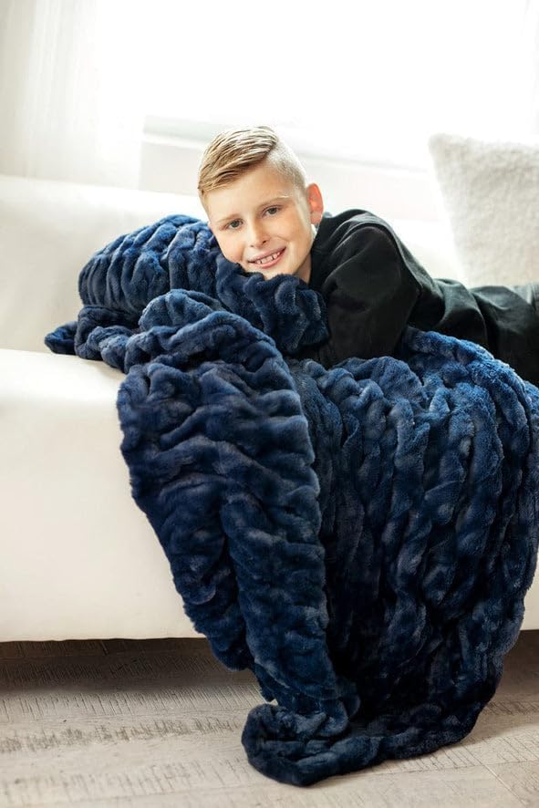 Minky Couture Hugs Blanket - Extra Plush Blanket for Premium Gifting - Stretchy Bubbled Cozy Throw - Silky Smooth - Durable & Machine-Washable - Travel-Friendly - Travel, Navy