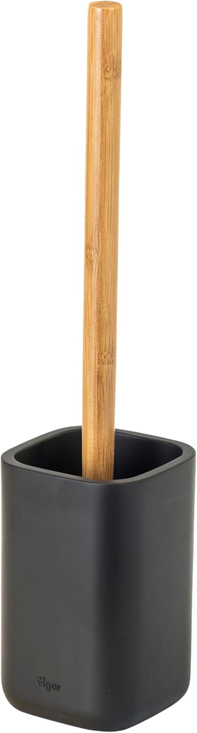 Vigar Zense Toilet Brush and Holder Set, Toilet Bowl Brush with Polyresin Stone Holder, Bathroom Sets for Bathroom Decor and Accessories, Cool Black
