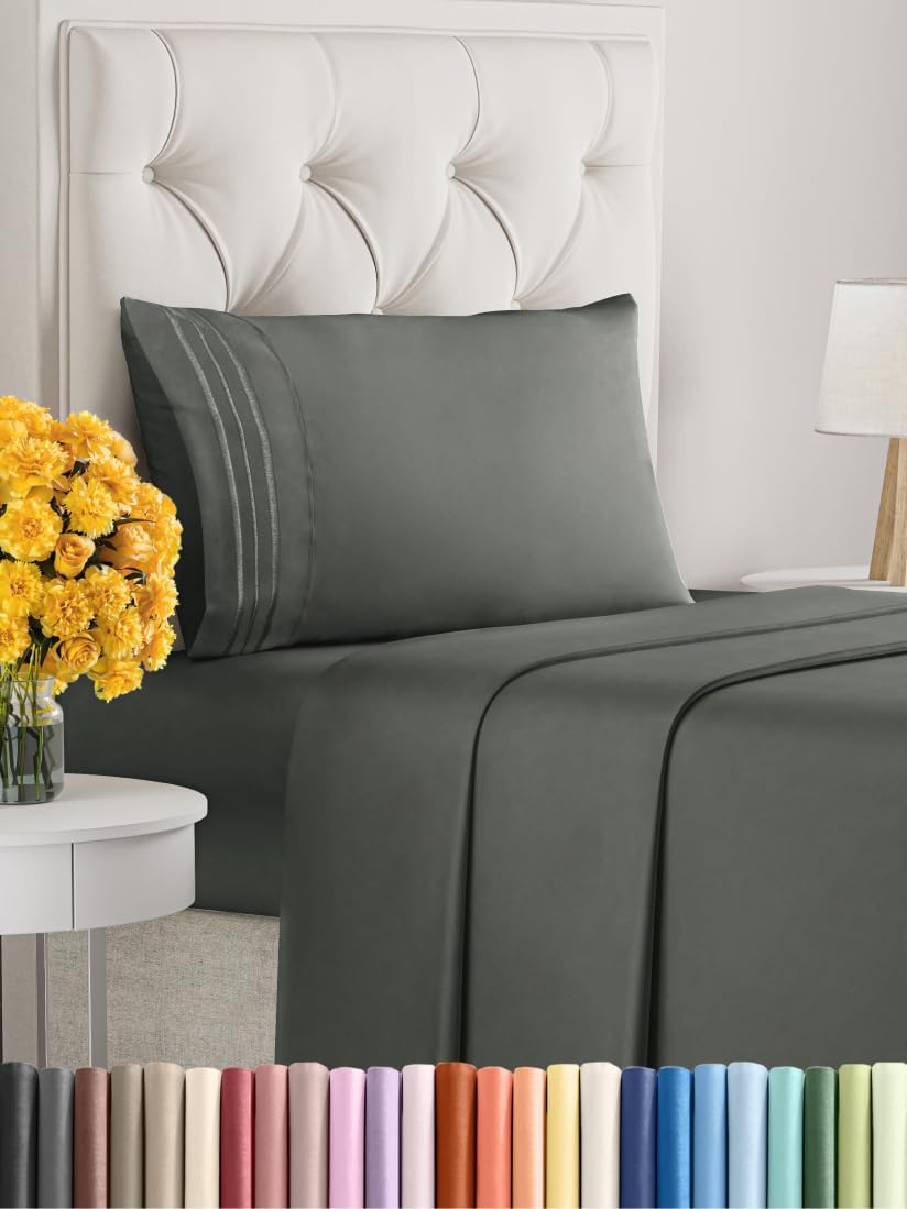 Twin Size 3-Piece Sheet Set - Extra Soft, Breathable & Cooling - Hotel Luxury Durable Bed Sheets - Deep Pockets, Easy-Fit & Wrinkle-Free - Dark Slate Grey Oeko-Tex