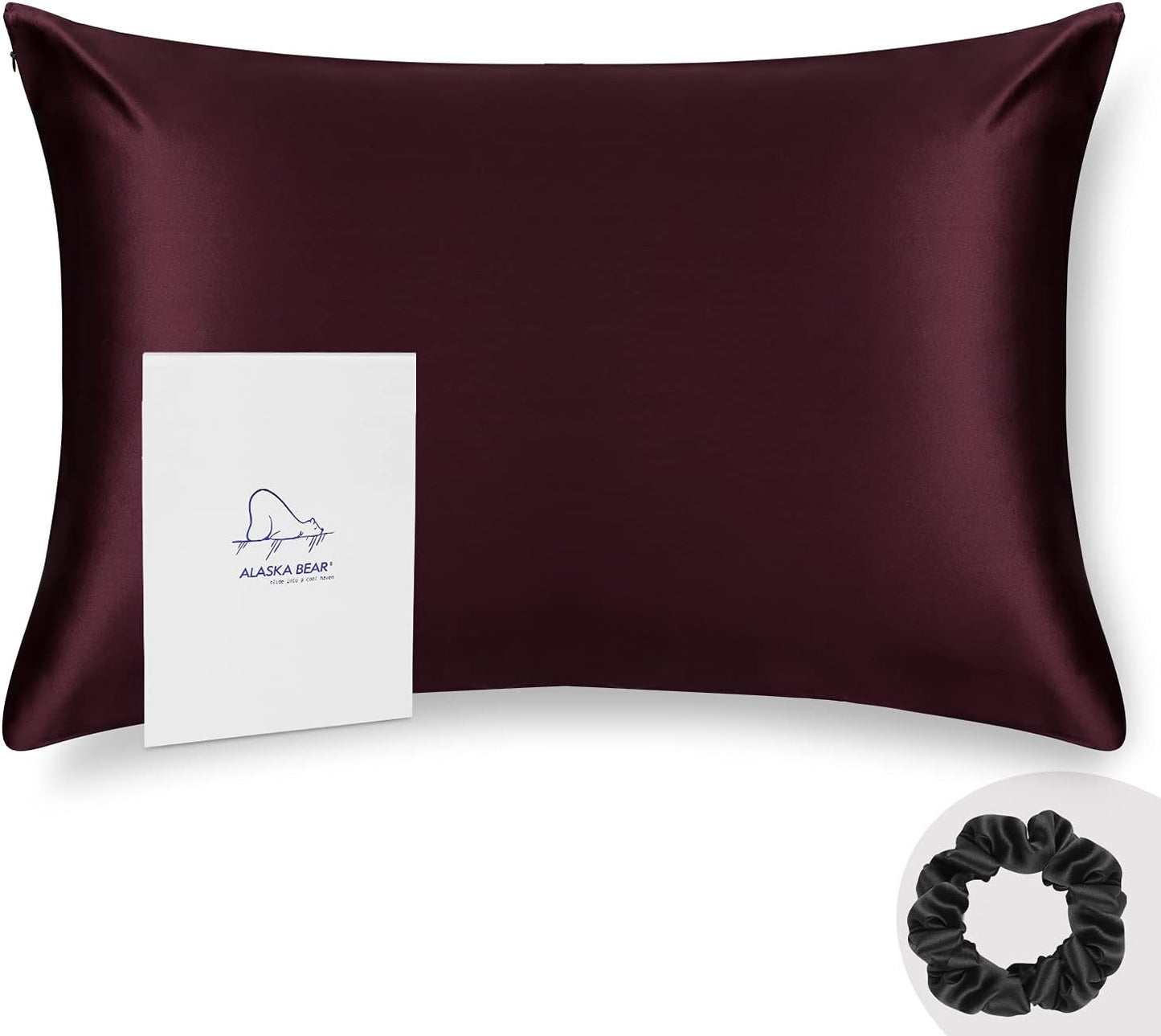 Queen Silk Pillowcase and Random Color Silk Scrunchie Gift Set ALASKA BEAR Hypoallergenic Pillow Cases for Acne Prolong Hairstyles, Eyelashes & Extensions (1pc, Red Burgundy)