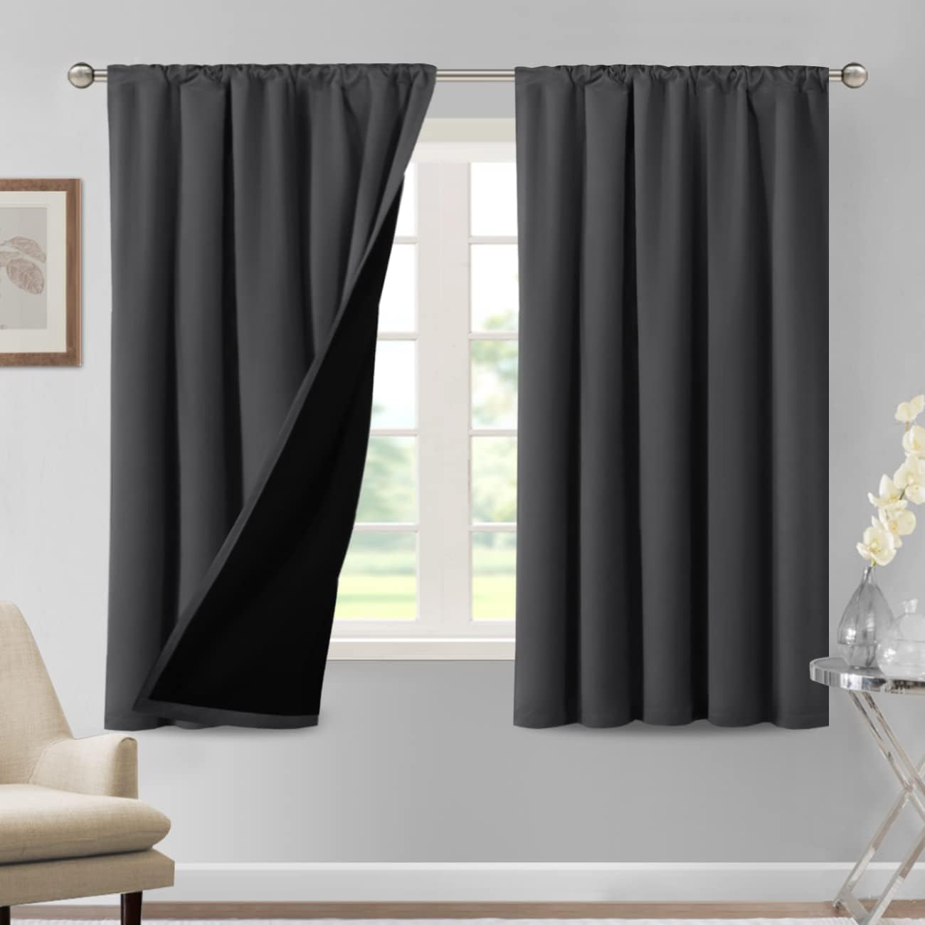 H.VERSAILTEX 100% Blackout Curtains for Bedroom Thermal Insulated Curtains & Drapes Blackout Curtains 63 Inches Long Rod Pocket Curtains for Living Room with Black Liner 2 Panels Set, Charcoal Gray