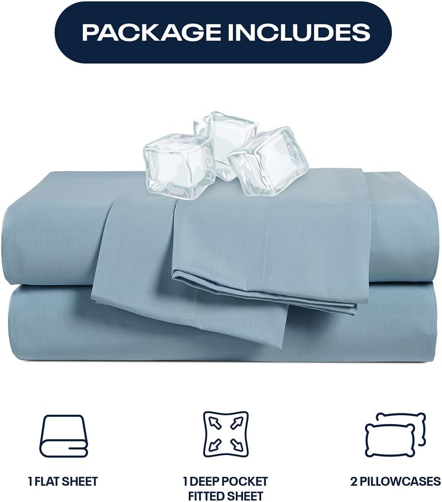 Reebok Queen Sheet Set from Tencel Eucalyptus - Soft, Cooling & Breathable for Hot Sleepers, Deep Pocket Up to 17 Inches, 4Pc Hotel Luxury Bedding Set, Bedsheet & Pillowcases (Niagara Mist, Queen)