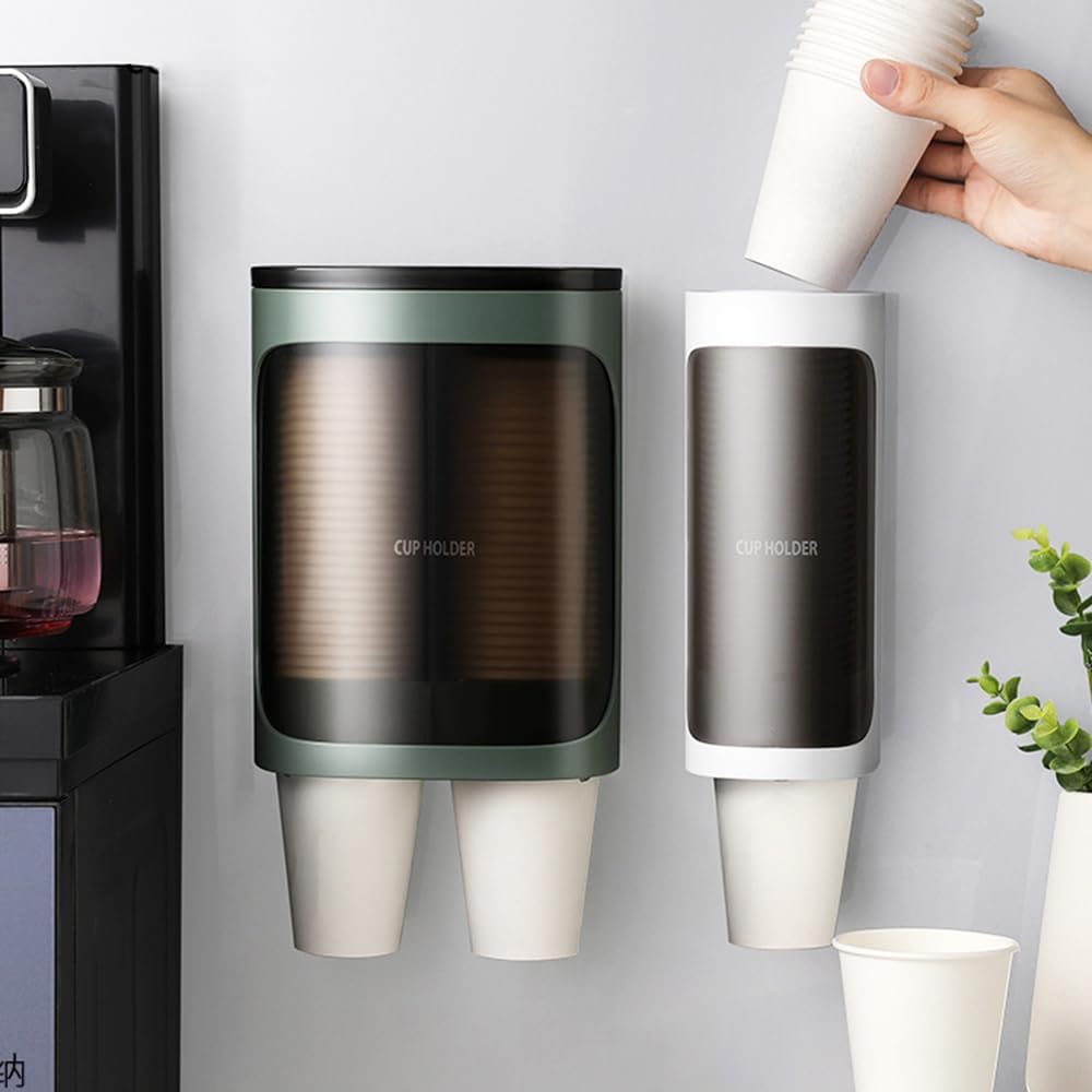 2 Pcs Cup Dispenser Wall Mounted, Bathroom Cup Dispenser Holder for 3oz-9.5oz Disposable Paper and Plastic Cups, Water Cooler Cup Dispenser with Adhesive Plate (Large Green)