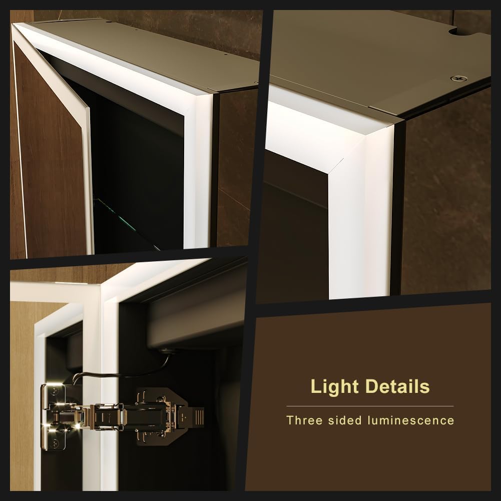 KWW LED Lighted Bathroom Medicine Cabinet with Sockets & USBs, Dimmable, 3 Color Light Makeup Mirror, Easy to Install, Wall Mounted Cabinet (Left Hinge, 19.5 * 28)