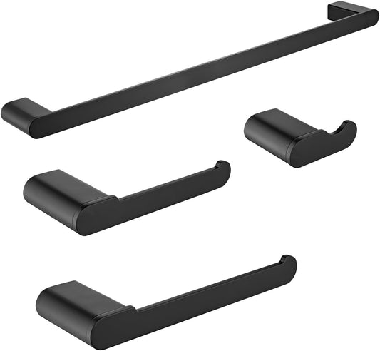 Bathroom Hardware Set, 4-Piece Towel Rack Towel Bar Towel Holder Toilet Paper Holder Towel Hooks Wall Mounted Bath Towel Bars Matte Black Stainless Steel Bathroom Accessories Set, 16 inch
