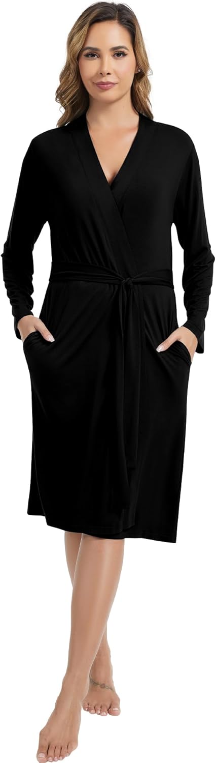 WiWi Women's Robe Long Sleeve Bathrobe with Pockets Soft Kimono Spa Lightweight Robes Bamboo Viscose Loungewear S-XXL