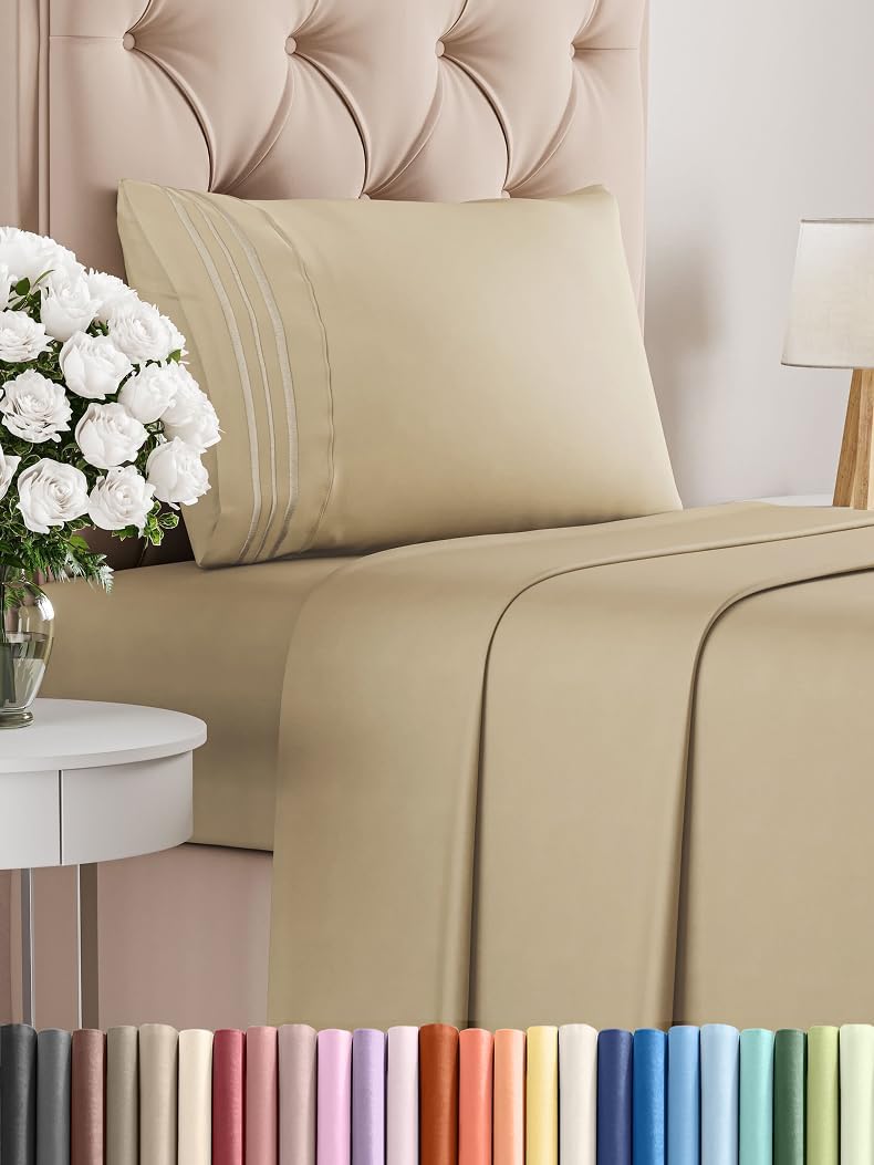 Twin Size 3 Piece Sheet Set - Comfy Breathable & Cooling Bed Sheets Set - Hotel Luxury Bedding for Women, Men, Kids, Teens, Boys & Girls - Deep Pockets, Ultra-Soft and Wrinkle Free - Oeko-Tex - Beige
