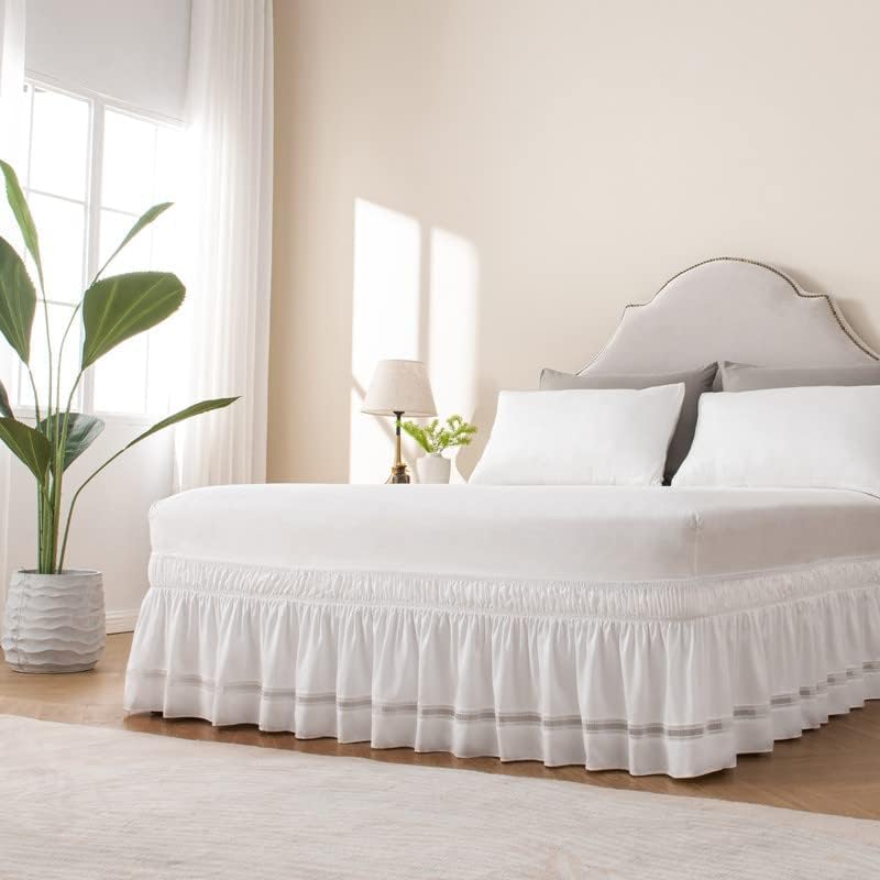 MIYE Wrap Around Ruffled Lace Bed Skirt, Elastic Dust Ruffle with Adjustable Belts, Easy to Put On, Bed Frame Cover, Machine Washable (Ruffled Lace/White, King/Queen-18 Drop)