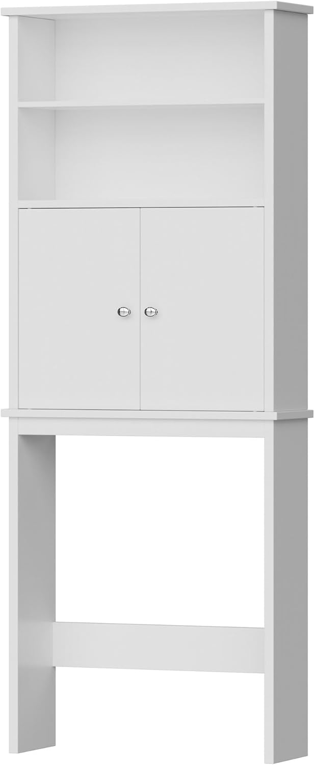 Walsunny Over The Toilet Storage Cabinet, Bathroom Organizer with Open Shelves and Double Doors, Space Saving Toilet Storage, White