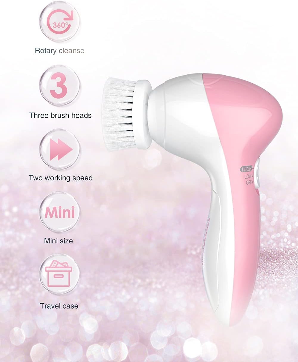 Electric Facial Cleansing Brush for Women, 3-in-1 Face Cleanser and Exfoliator Brush with 3 Brush Heads, 2 Speeds, Waterproof Spin Brush, Travel Size Case (Pink, Battery Operated)