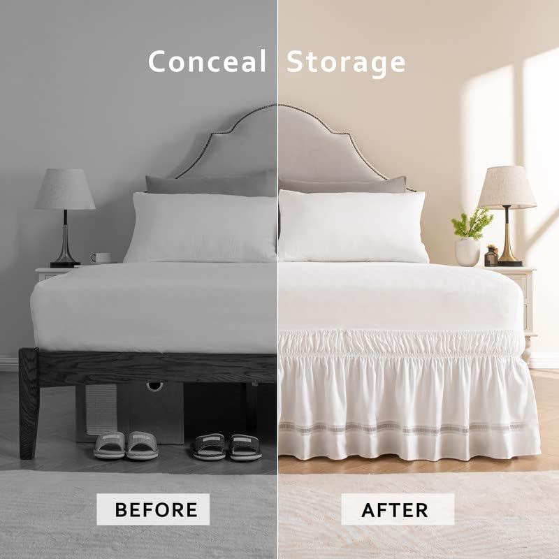 MIYE Wrap Around Ruffled Lace Bed Skirt, Elastic Dust Ruffle with Adjustable Belts, Easy to Put On, Bed Frame Cover, Machine Washable (Ruffled Lace/White, King/Queen-12.5" Drop)