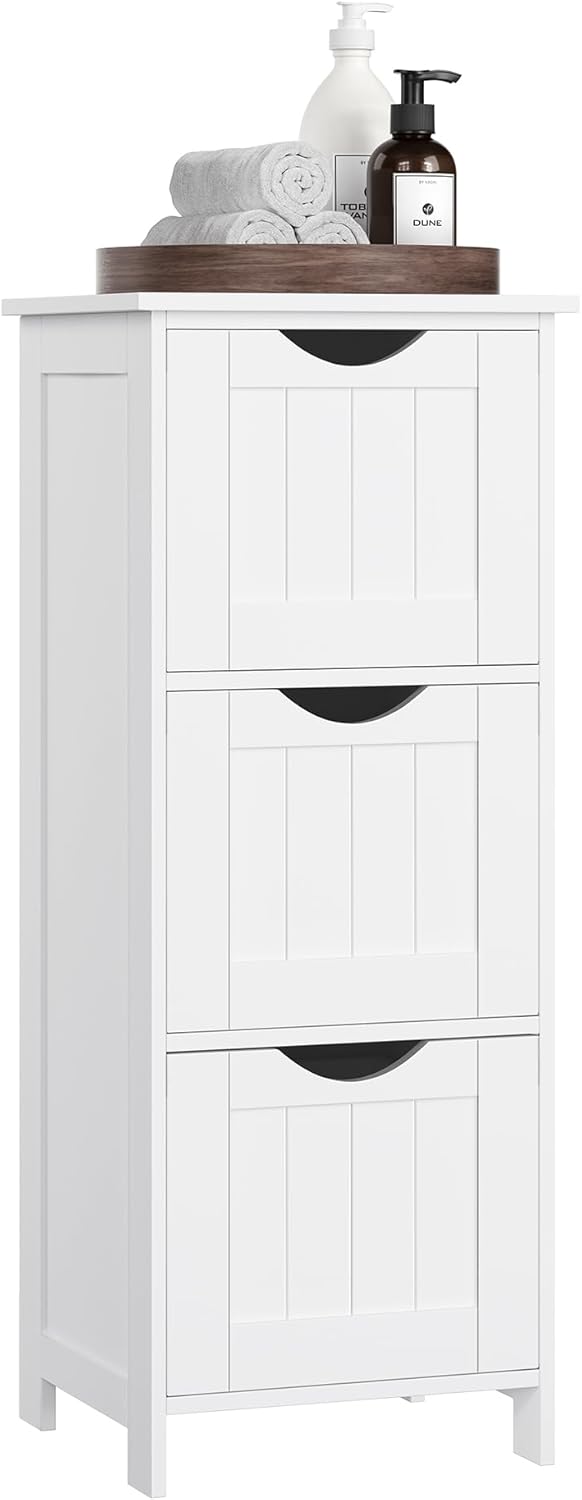 VASAGLE Floor Storage Cabinet, Freestanding Storage Unit with 3 Drawers, 11.8 x 12.6 x 31.9 Inches, for Bathroom, Living Room, Kitchen, Modern Style, Matte White UBBC50WT