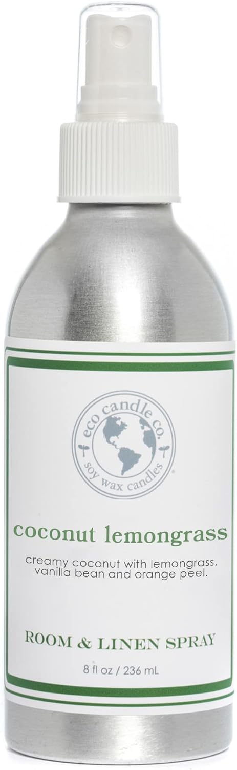 ECO CANDLE CO. Room & Linen Spray, Coconut Lemongrass, 8 oz. - Scents Of Coconut, Lemongrass, Vanilla, & Orange - Recycled Aluminum Bottle, No Propellents, Pump Top, All Natural Ingredients