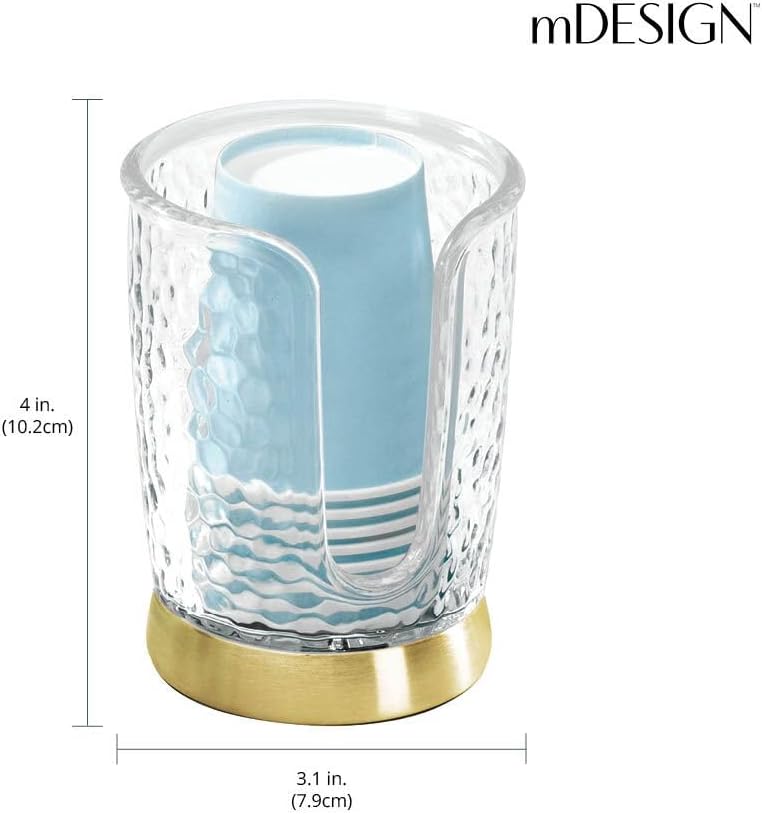 mDesign Plastic/Steel Compact Small Disposable Paper Cup Dispenser Storage Holder for Rinsing Cups on Bathroom Vanity Countertops - Rain Collection - Clear/Soft Brass