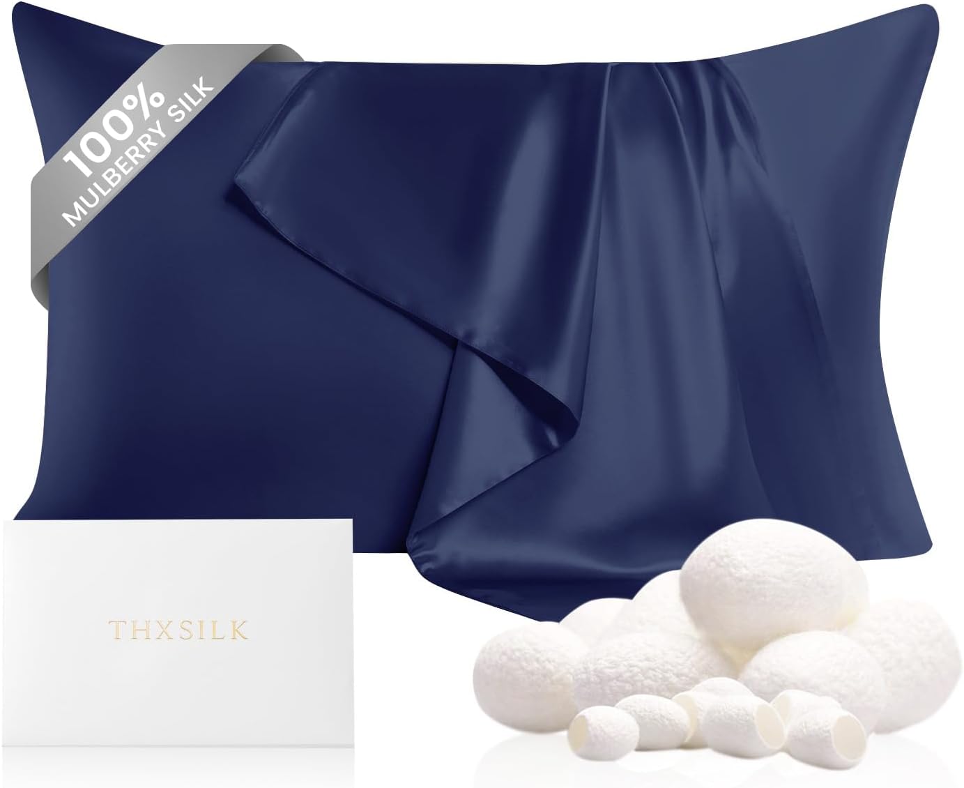 THXSILK Mulberry Silk Pillow Case with Zipper, 100% Mulberry Silk Pillowcase for Hair and Skin, 22 Momme Hypoallergenic Pillow Cover with Hidden Zipper, 1pc(Navy Blue, Standard 20"x26")
