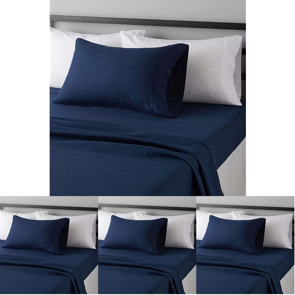 Amazon Basics Lightweight Super Soft Luxury Wrinkle Free Breathable Microfiber 3 Piece Fitted Sheet Set with 14-Inch Deep Pockets, Twin XL, Navy Blue, Solid (Pack of 4)