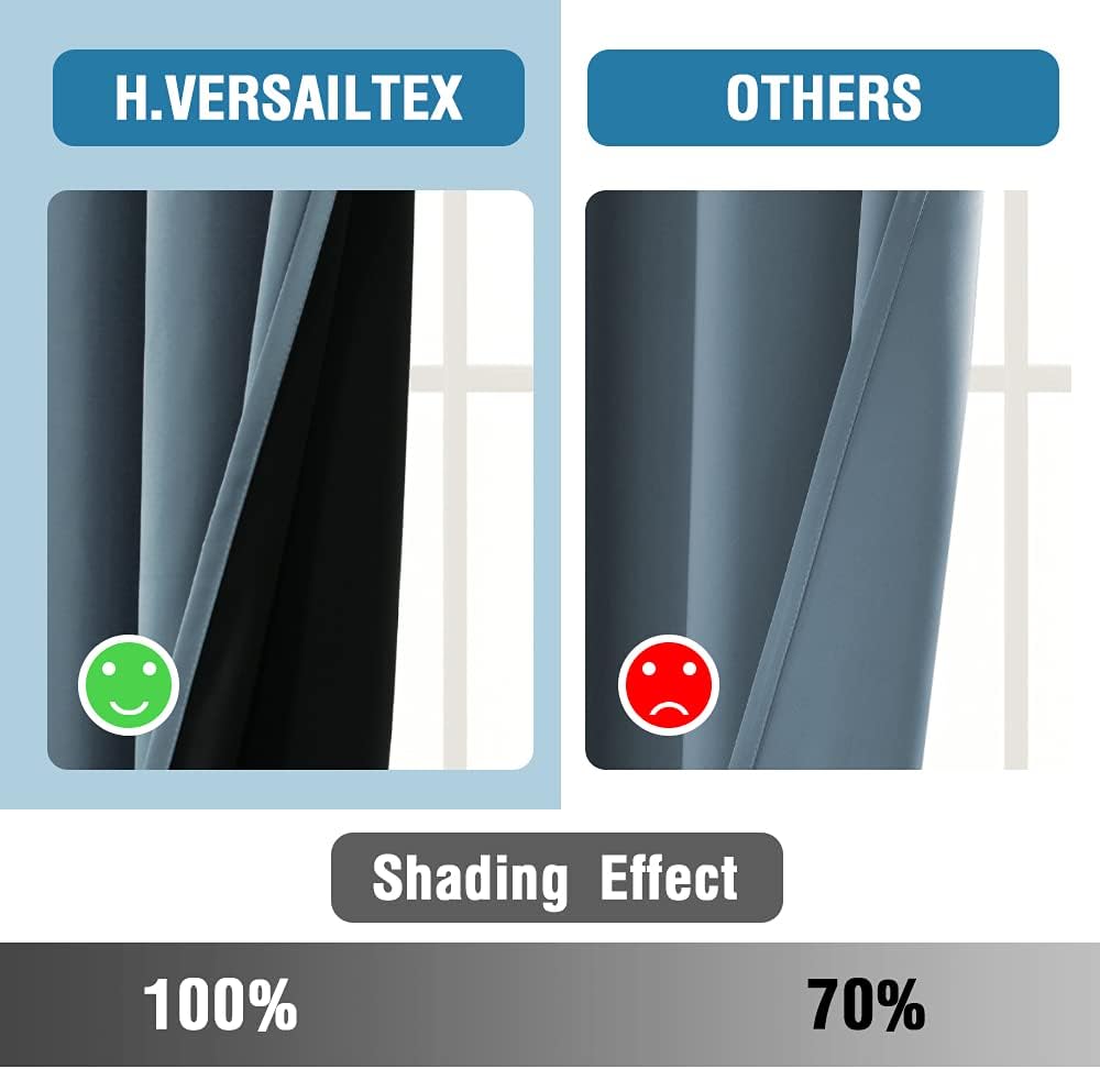 H.VERSAILTEX 100% Blackout Curtains for Bedroom Thermal Insulated Blackout Curtains 96 Inches Long Rod Pocket/Clip Rings Curtains for Living Room with Black Liner 2 Panels, Stone Blue