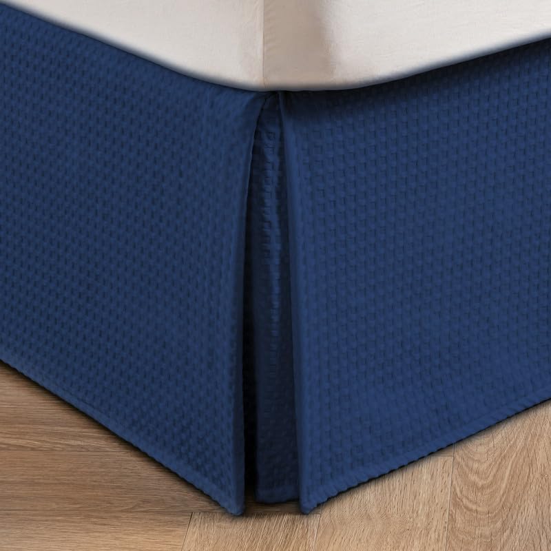 MIYE Pleated Waffle Weave Bed Skirt, Tailored Dust Ruffle 16 Inch Drop Easy Fit, Machine Washable (Navy Blue, King - 16" Drop)