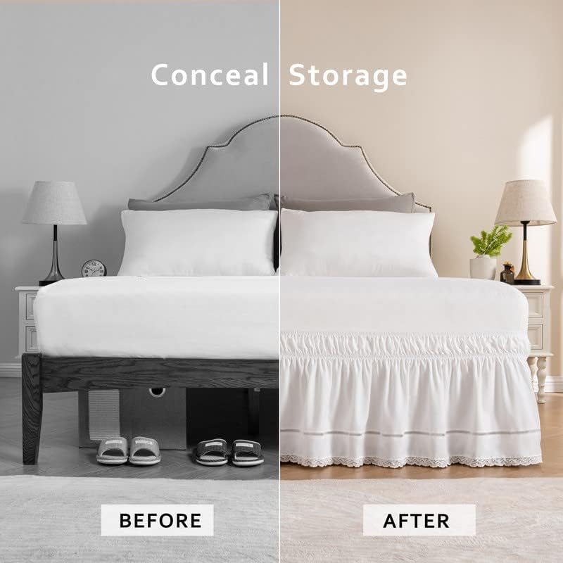 MIYE Wrap Around Ruffled Lace Bed Skirt, Elastic Dust Ruffle with Adjustable Belts, Easy to Put On, Bed Frame Cover, Machine Washable (Floral Lace/White, Full/Twin-18 Drop)
