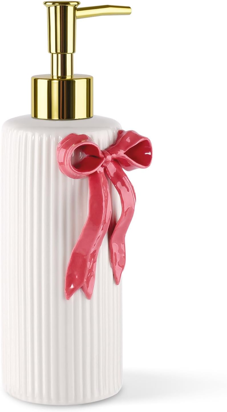 Handmade Ceramic Bow Soap Pump Dispenser Hand Lotion Liquid Dispenser Refillable for Kitchen and Bathroom Decorative (Ribbon Red)