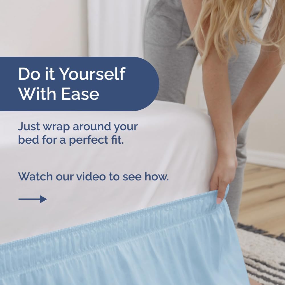 Wrap Around Dust Ruffle Bed Skirt - Light Blue - for Queen Size Beds with 21 Inch Drop - Elastic Strap - Adjustable Pleated Bedskirt with Brushed Fabric and Wrinkle Free - For Women, Men, Kids & Teens