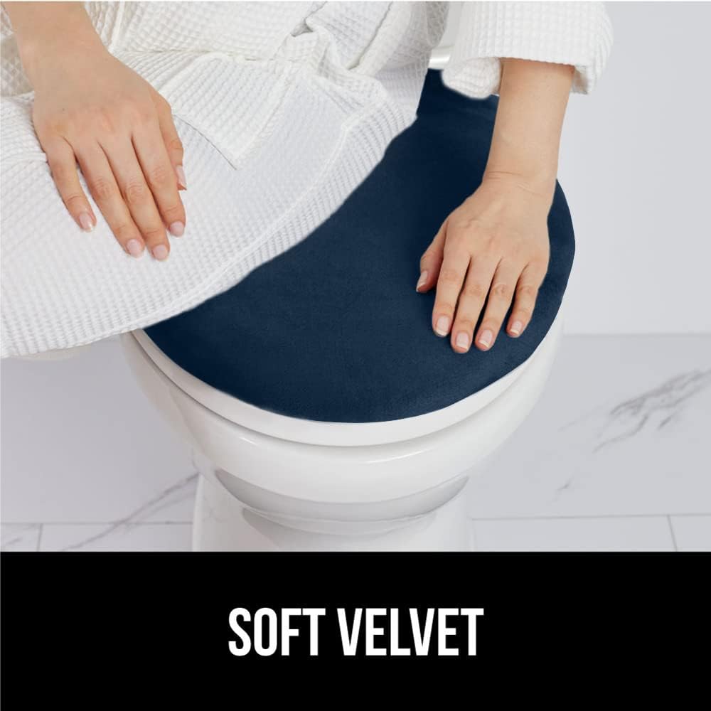 GORILLA GRIP Thick Memory Foam Bathroom Toilet Lid Seat Cover, Soft Velvet Topside, Machine Wash, Plush Cushioned Covers Fits Most Size Lids, Decorative Bath Room Accessories, 19.5x18.5, Navy Blue