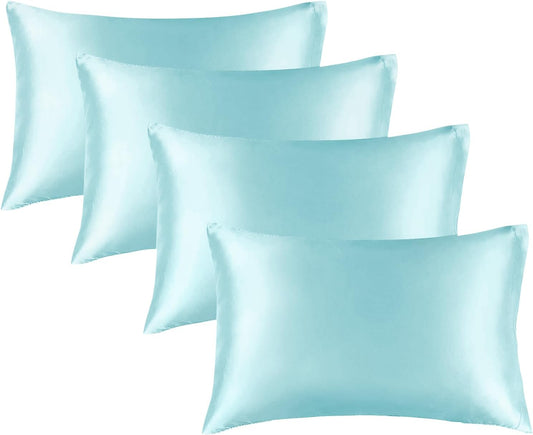 BEDELITE Satin Pillowcase for Hair and Skin, Super Soft Similar to Silk Pillow Cases 4 Pack with Envelope Closure, Cooling Pillowcases for Women Men (20"x26" Standard Size, Blue)