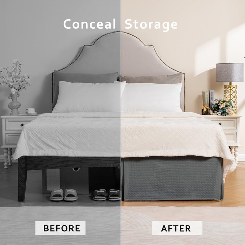 MIYE Pleated Waffle Weave Bed Skirt, Tailored Dust Ruffle 14 Inch Drop Easy Fit, Machine Washable (Dark Grey, Queen - 14" Drop)