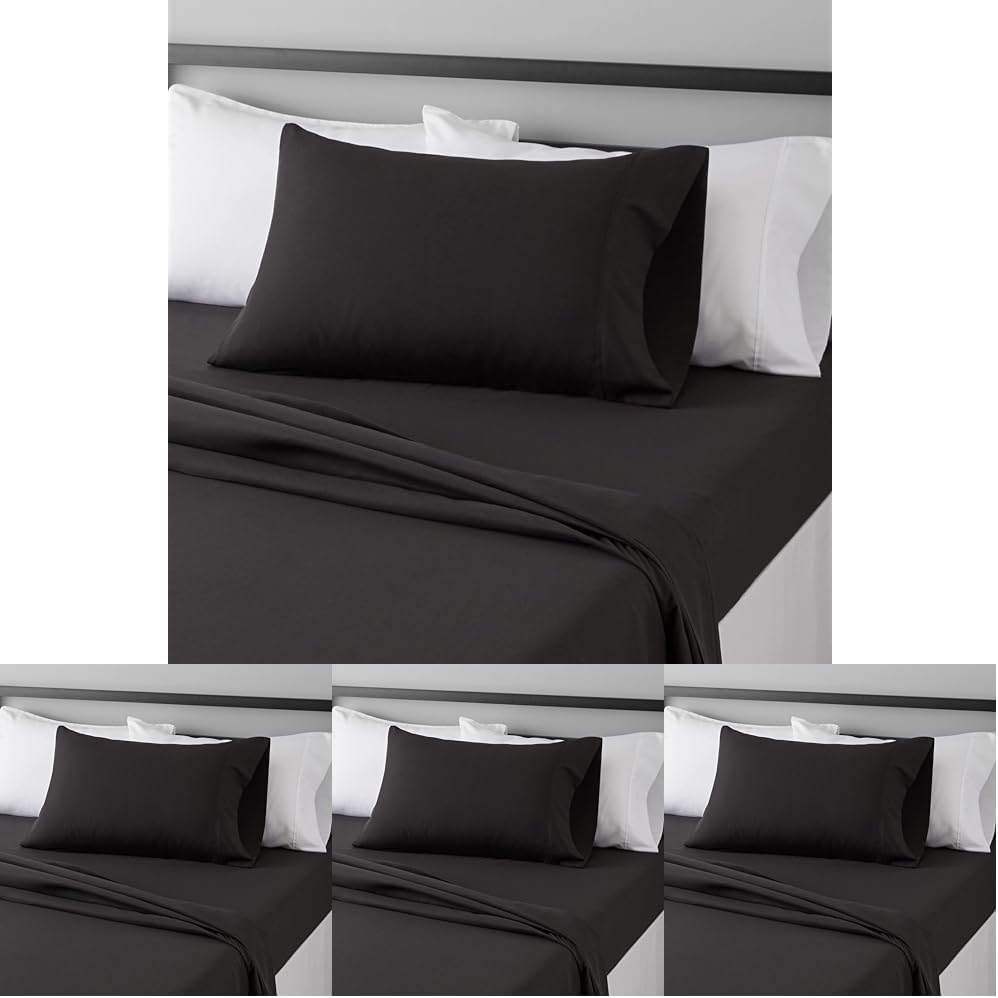 Amazon Basics Lightweight Super Soft Easy Care Microfiber 3 Piece Bedsheet Set with 14-Inch Deep Pockets, Twin XL, Black, Solid (Pack of 4)
