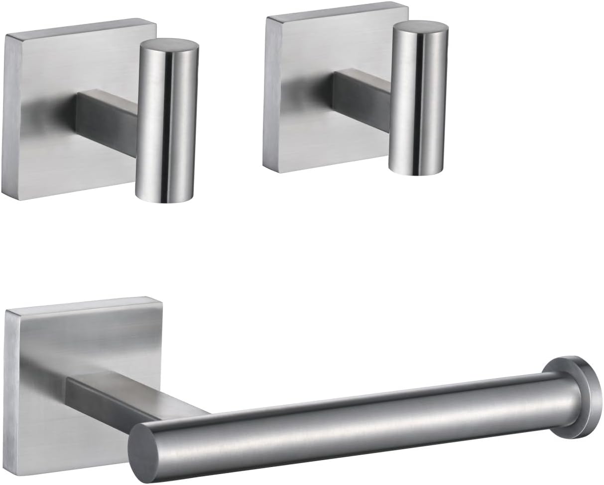 Brushed Nickel Bathroom Hardware Set, Toilet Paper Holder with 2 Square Towel Hooks, 3PCS SUS 304 Stainless Steel Set, Wall Mounted, Rust Resistant, Modern Fingerprint-Free Finish (Silvery)