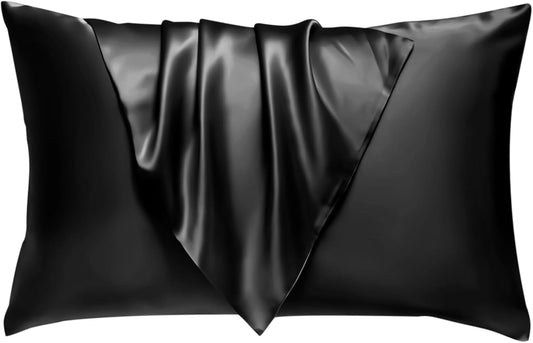 BHZ Satin Goose Down Feather Pillows Queen Size with Black Satin Pillowcase for Hair and Skin, Cooling Pillow Cases Similar to Silk Pillow Cases, Decorative for Women, Mom Men