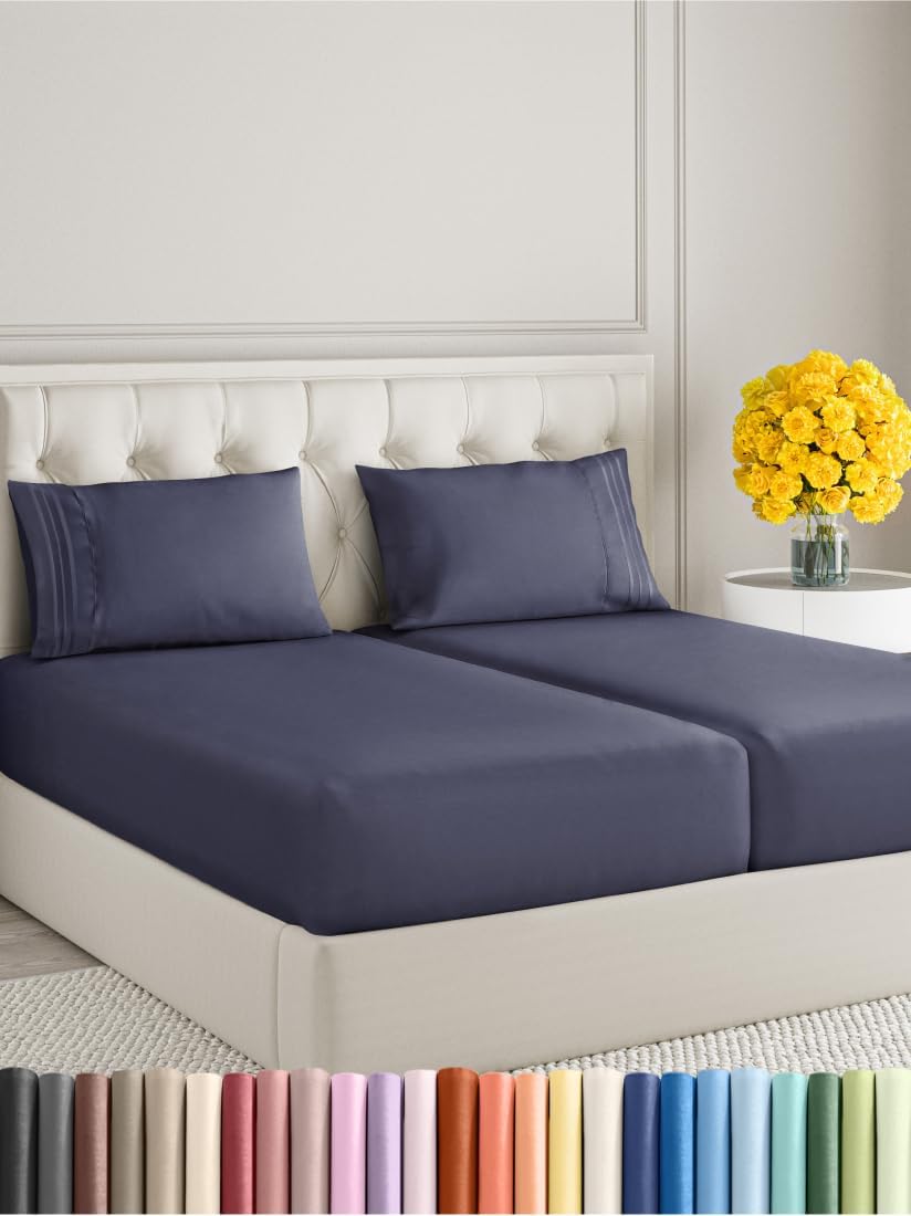 Split King Size 5 Piece Sheet Set - Extra Soft, Breathable, & Cooling Sheets - Hotel Luxury Bed Sheets for Women And Men - Deep Pockets, Easy-Fit & Wrinkle-Free - Deep Slate Blue Oeko-Tex Bed Sheets
