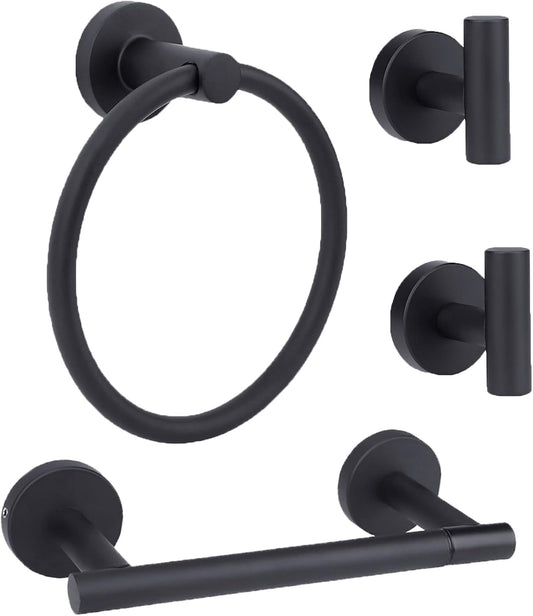 4-Piece Matte Black Bathroom Accessories Hardware Set,Include Double Post Pivoting Toilet Paper Holder,Towel Ring and 2 Towel Hooks