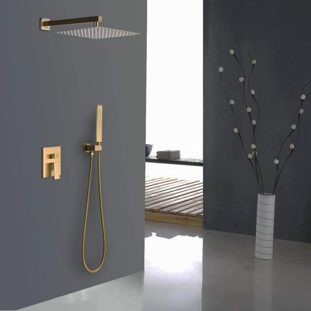 Iriber Brushed Gold Rain Shower System with 10 Inch Shower Head and Handheld Bathroom Wall Mounted Shower Set Contain Shower Faucet Mixer and Trim Kit (Valve Included)