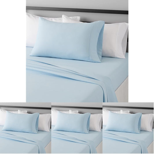 Amazon Basics Lightweight Super Soft Easy Care Wrinkle Free Microfiber 3 Piece Bed Sheet Set with 14-Inch Deep Pockets, Twin, Light Blue, Solid, Kids, Men & Women Bedding (Pack of 4)