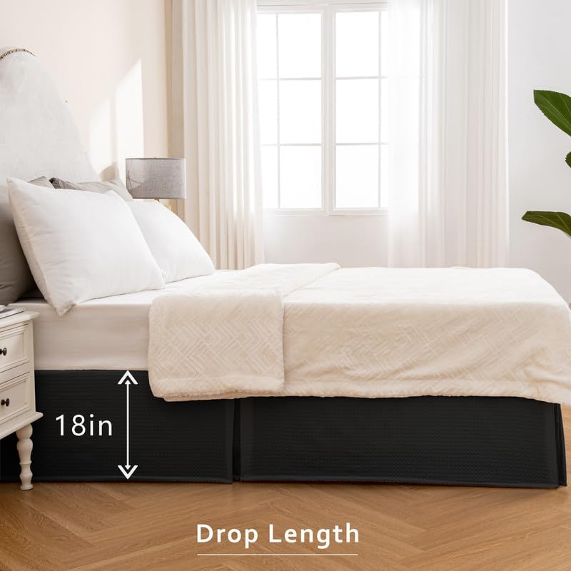 MIYE Pleated Waffle Weave Bed Skirt, Tailored Dust Ruffle 18 Inch Drop Easy Fit, Machine Washable (Black, Twin - 18" Drop)