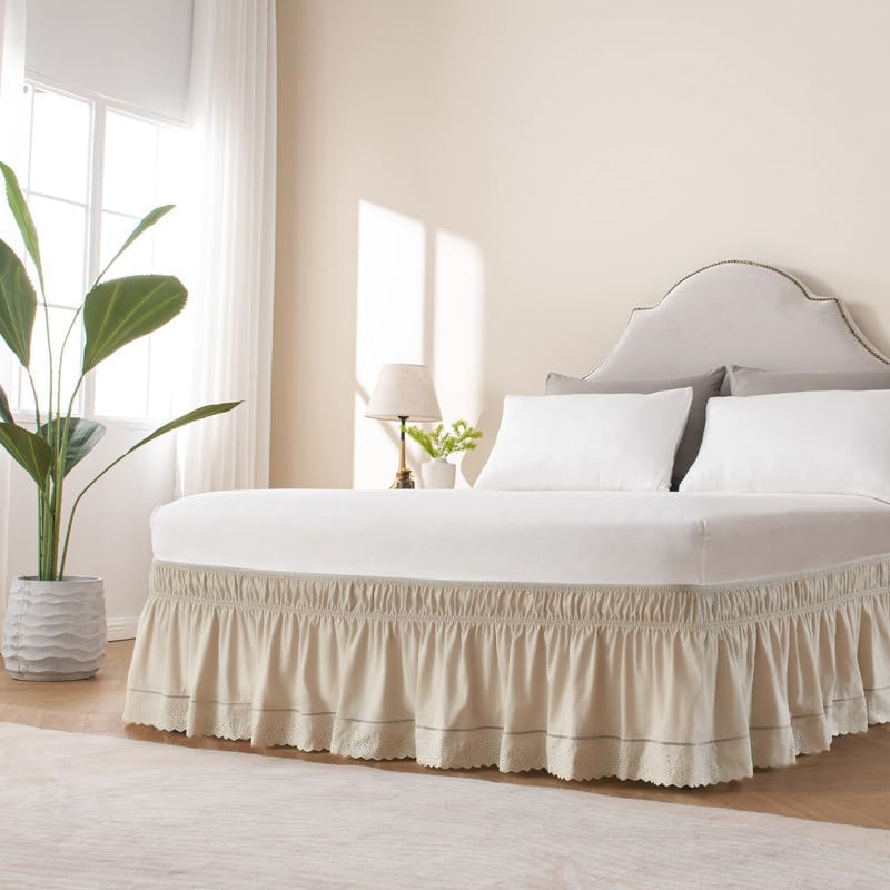 MIYE Wrap Around Ruffled Lace Bed Skirt, Elastic Dust Ruffle with Adjustable Belts, Easy to Put On, Bed Frame Cover, Machine Washable (Embroidered/Beige, King/Queen-15 Drop)