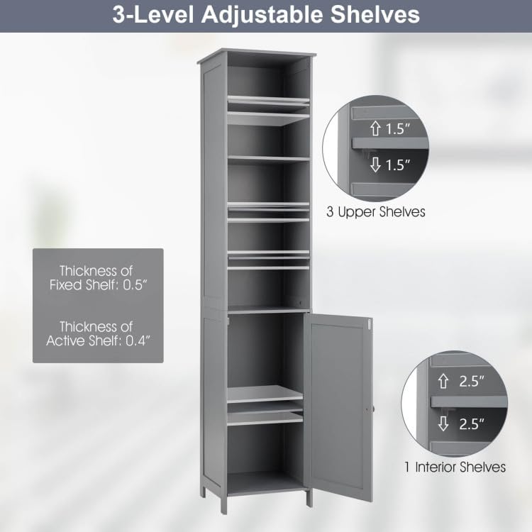 WATERJOY 72'' Tall Slim Bathroom Storage Cabinet with 3 Shelves & Door for Bathroom, Living Room