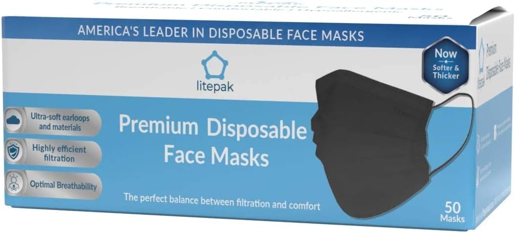Litepak 2000pcs Disposable Face Masks Black 3-Ply Adult Mask Nose Wire Protection - Breathable Protective Face Covering